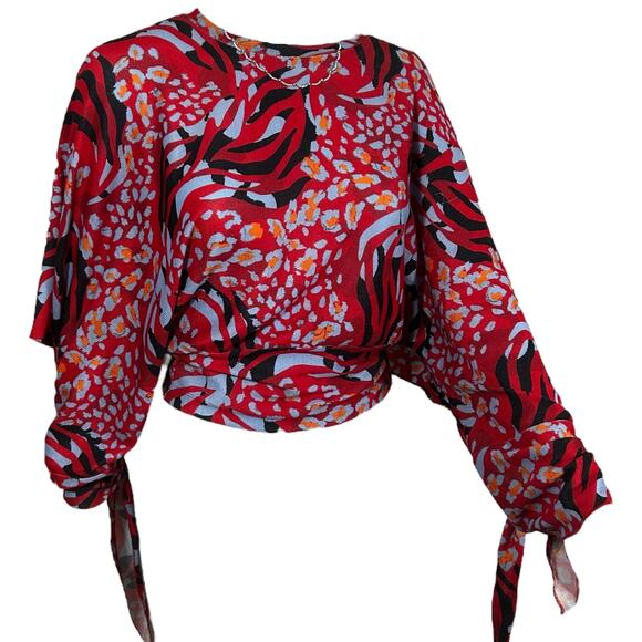 Zara Trafaluc Collection Red Flowy Crop Top Sz Small Red Blue Orange Tie Sleeve - Picture 1 of 11